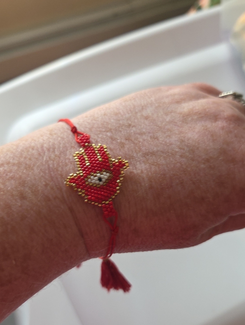 Red Hamsa Beaded Bracelet with Eye Charm - Handcrafted
